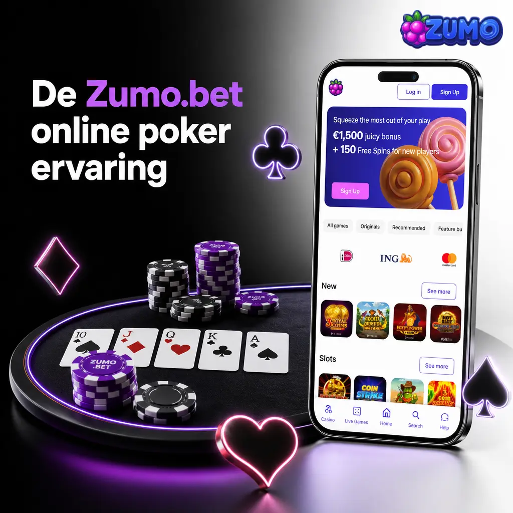 Digitale pokertafel van Zumo.bet met kaarten, fiches, blinds en inzetknoppen op één scherm