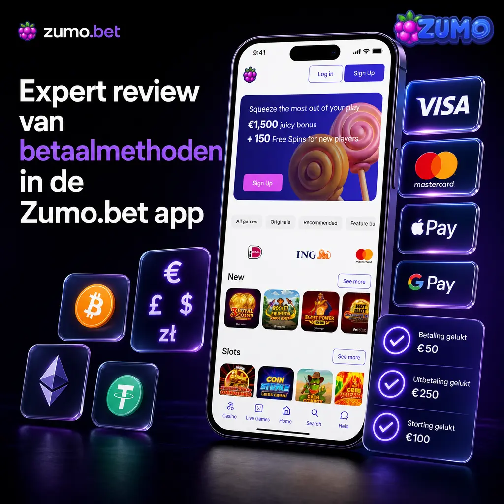 Betaalpagina van de Zumo.bet app met iDEAL, creditcards, Apple Pay, crypto en snelle opnames