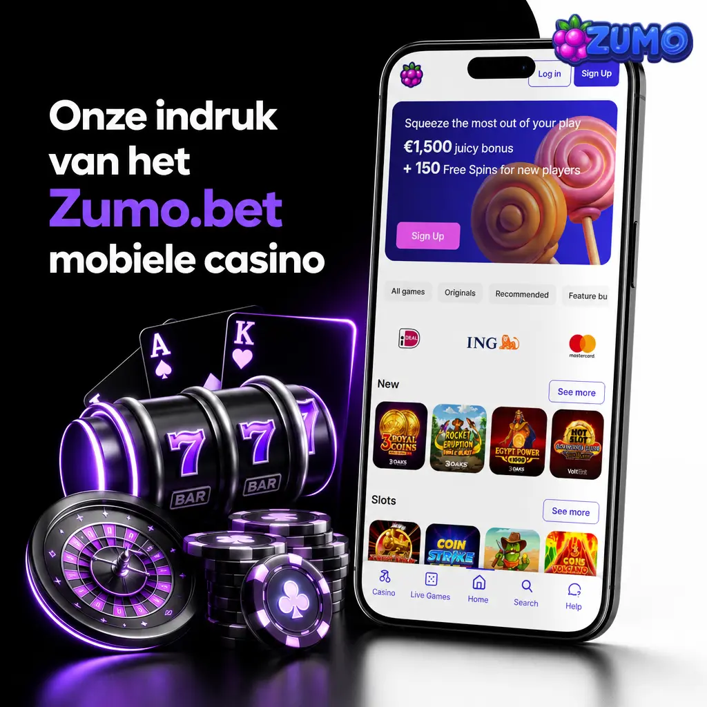 Zumo.bet mobiel casino op smartphone met slots, tafelspellen, live casino, roulette en blackjack