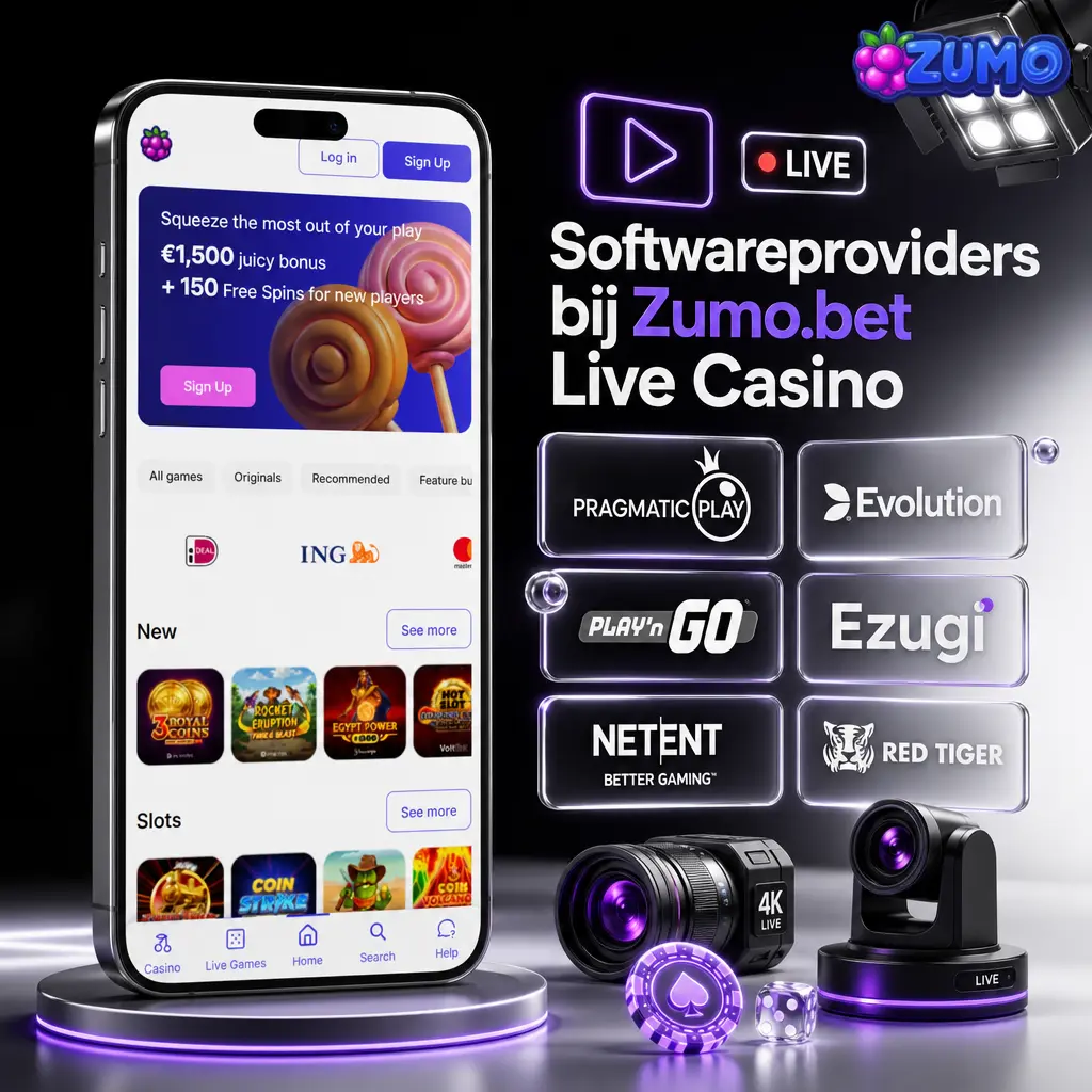 Softwareproviders van Zumo.bet live casino met Evolution, Pragmatic Play Live, Ezugi, Playtech, TVBET en Vivo Gaming