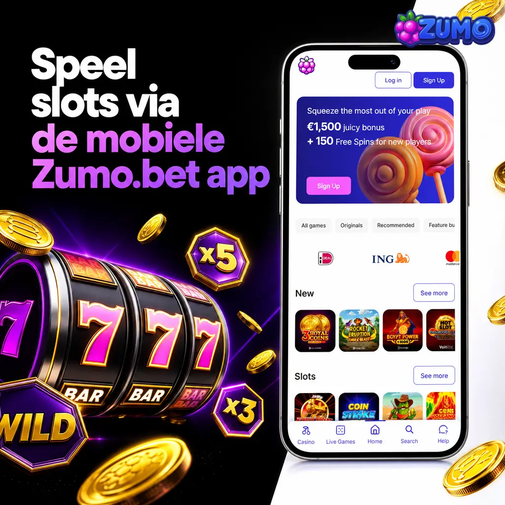 Mobiele Zumo.bet-webapp met slotlobby, filters, demospel en speellimieten op een verticaal smartphonescherm