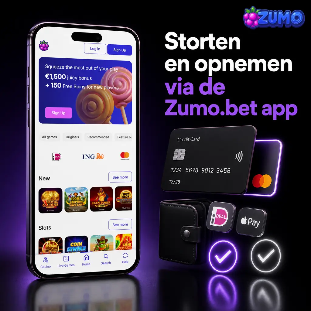 Mobiele Zumo.bet kassa voor storten en opnemen met iDEAL, kaarten, wallets, bank en crypto